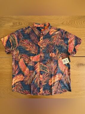 NWT Reef Daintree Hawaiian Palm Leaf Short Sleeve Button Shirt Mens XXL Navy